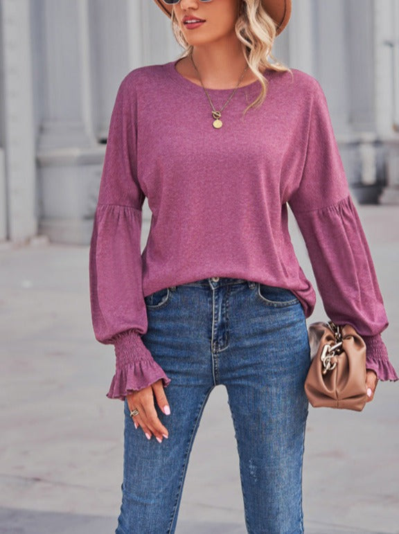 Round Neck T-Shirts Lantern Sleeve Ladies Long Sleeve Top (5 colors)