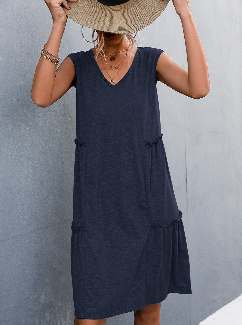 V neck plain sleeveless women elegant Shift Dresses