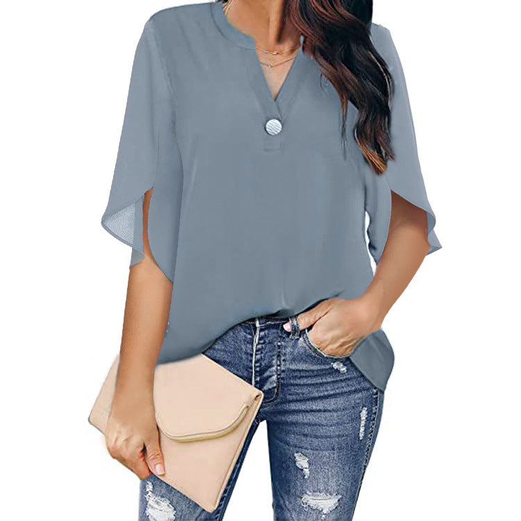 Elegant Short Sleeve Casual Solid Color V-Neck Women T-shirts