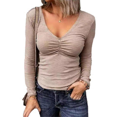 Casual v neck plain long sleeve v neck T-shirts autumn tops for daily