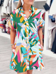 Casual Loose Abstract printing Lapel Short sleeve Shirt Shift Dresses