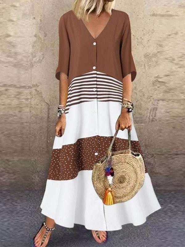 Casual Gored V neck Half sleeve Fastener Maxi Dresses