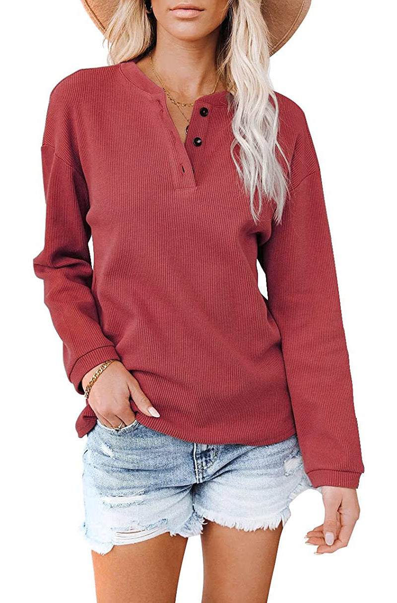 Women's V-neck solid color long-sleeved top T-shirts