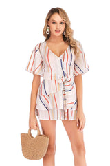 V neck Stripe Short sleeve Lacing Shift Dresses