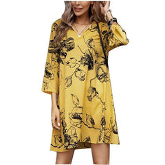 Casual Loose Floral print V neck Three quarter sleeve Shift Dresses