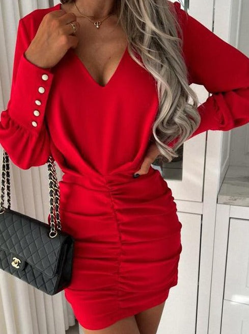 V Neck Ruched Bodycon Dress