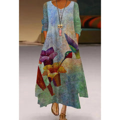 Bird Printed Casual Dress Women's Irregular Hem Loose Long Dress Maxi Dresses