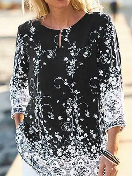Casual Floral print Round neck Three quarter sleeve T-Shirts