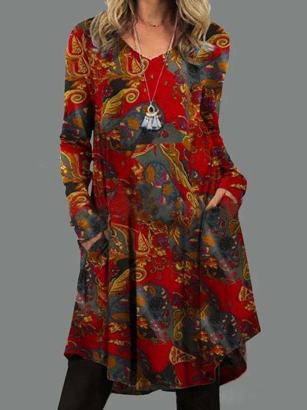 Casual Retro print V neck Long sleeve Shift Dresses