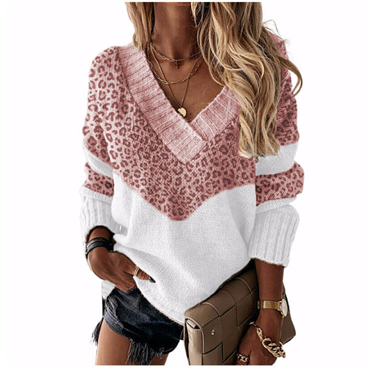 V neck leopard desin long sleeve women sweaters