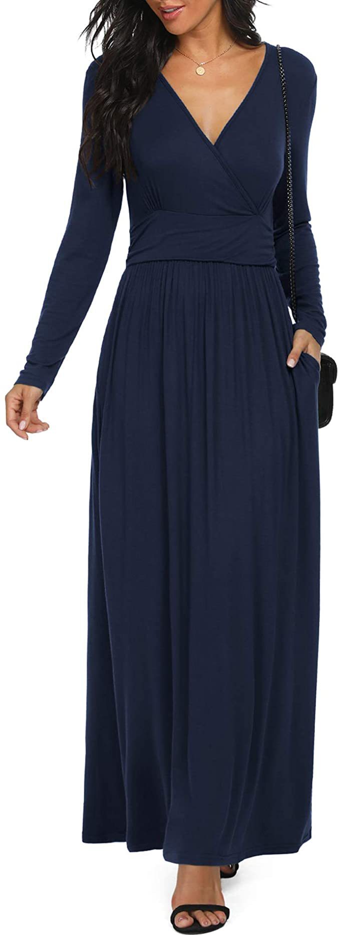 V neck long sleeve slim maxi dresses