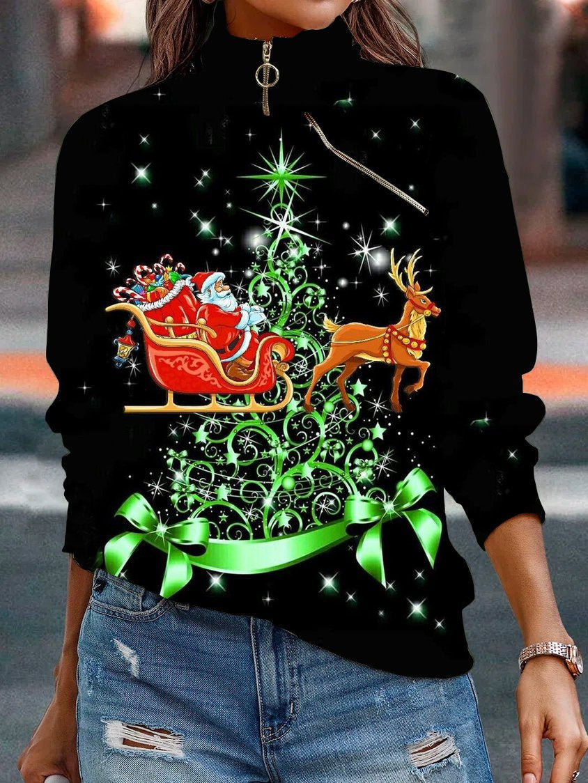 Christmas Printed Long Sleeve Zipper Sweatshirts Women Top