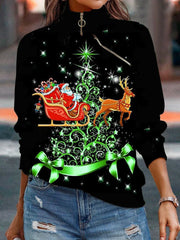 Christmas Printed Long Sleeve Zipper Sweatshirts Women Top