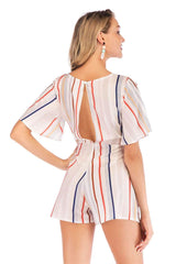 V neck Stripe Short sleeve Lacing Shift Dresses