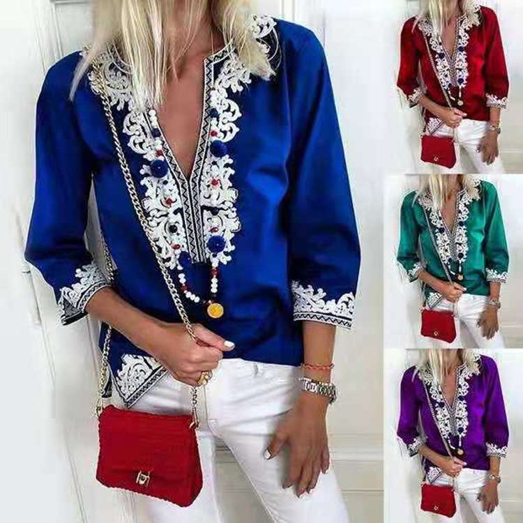 Fashion Casual Floral print V neck Three quarter sleeve Blouses