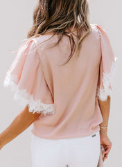 Casual Lace Gored Round neck Short sleeve T-Shirts