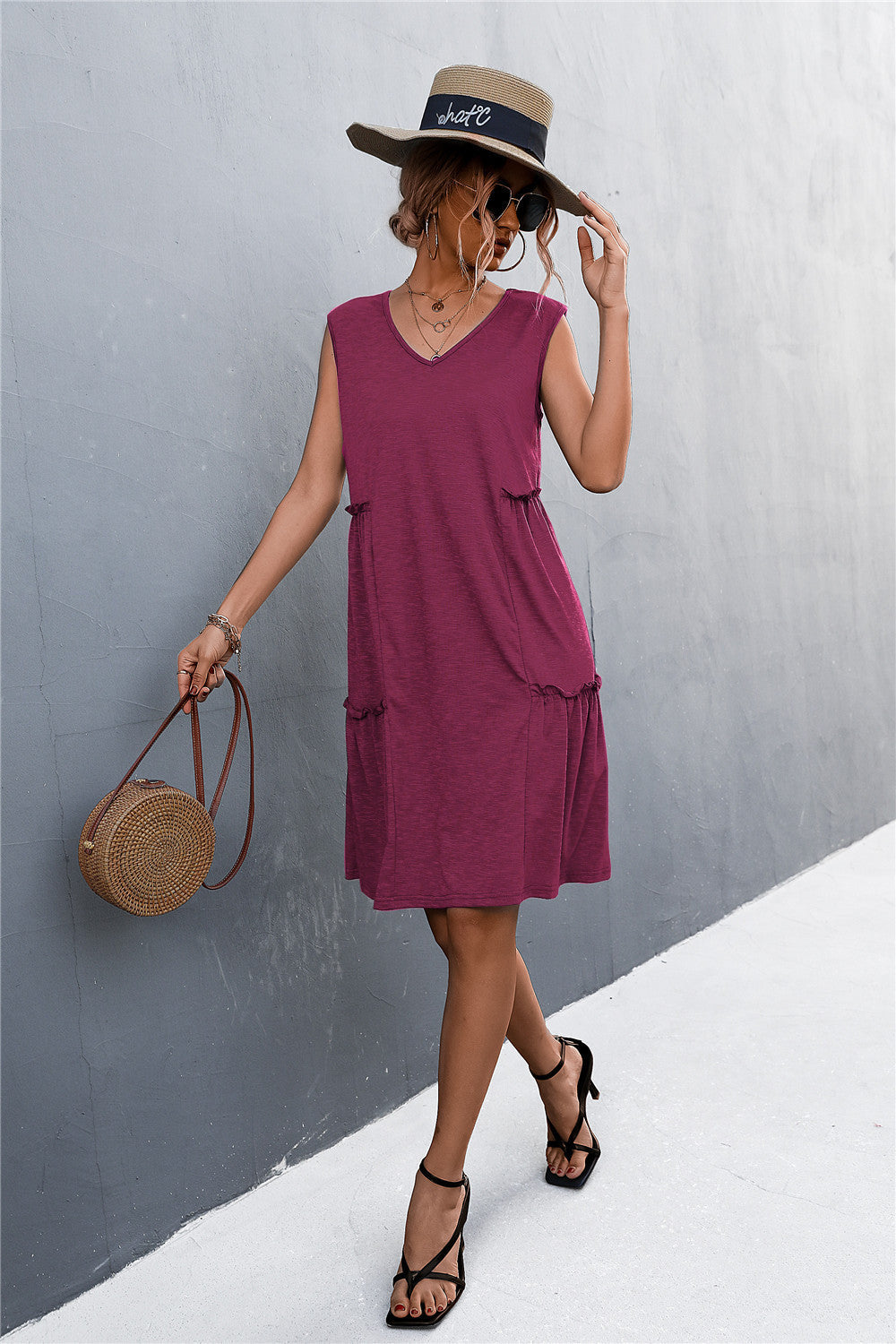 V neck plain sleeveless women elegant Shift Dresses