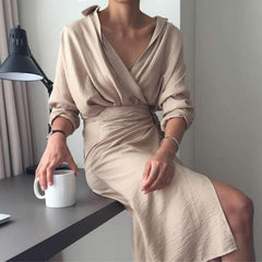 Fashion Pure Irregular Lacing Long sleeve V neck Bodycon Dresses