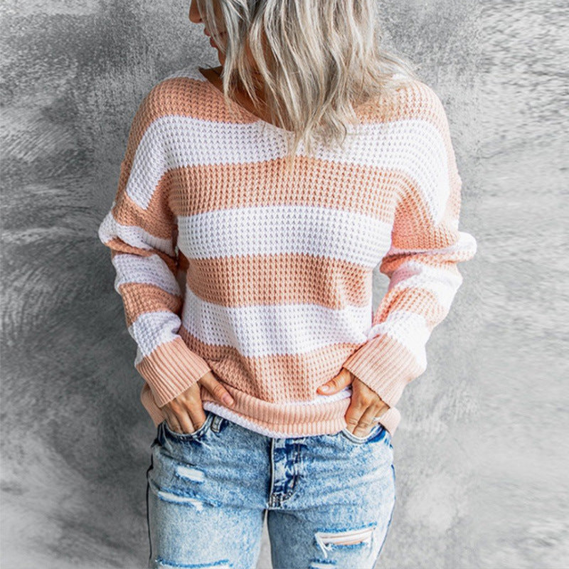 Autumn and winter V-neck knitted top stripe long sleeve sweaters