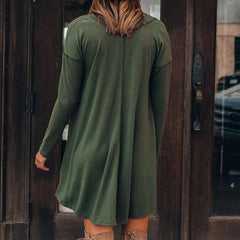 Casual Loose Pure V neck Long sleeve Shift Dresses