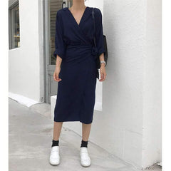 Fashion Pure Irregular Lacing Long sleeve V neck Bodycon Dresses