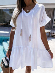 Casual Loose Pure V neck Short sleeve Gored Shift Dresses