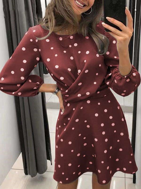 Fashion Point print Round neck Long sleeve Skater Dresses