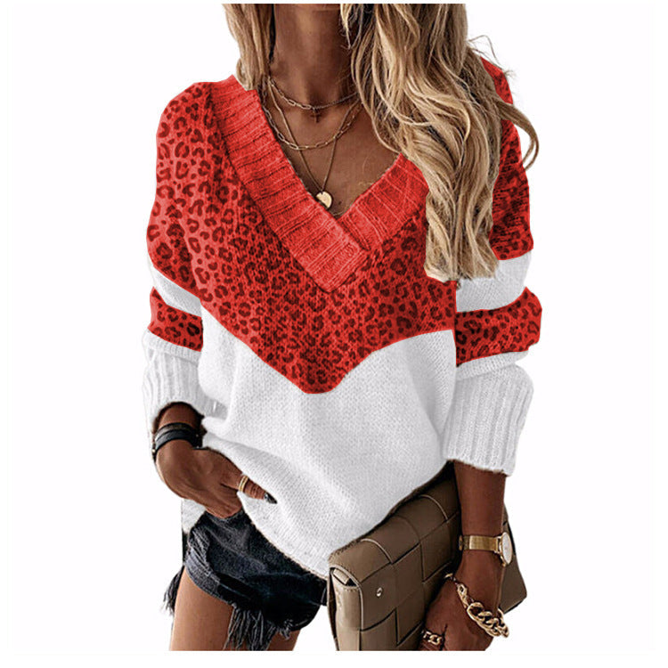 V neck leopard desin long sleeve women sweaters