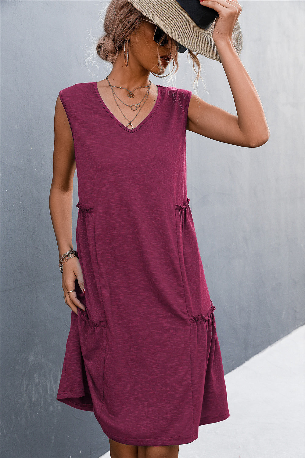 V neck plain sleeveless women elegant Shift Dresses