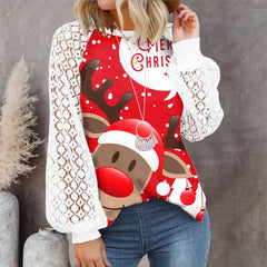Christmas round neck printed lace lantern long-sleeved T-shirts