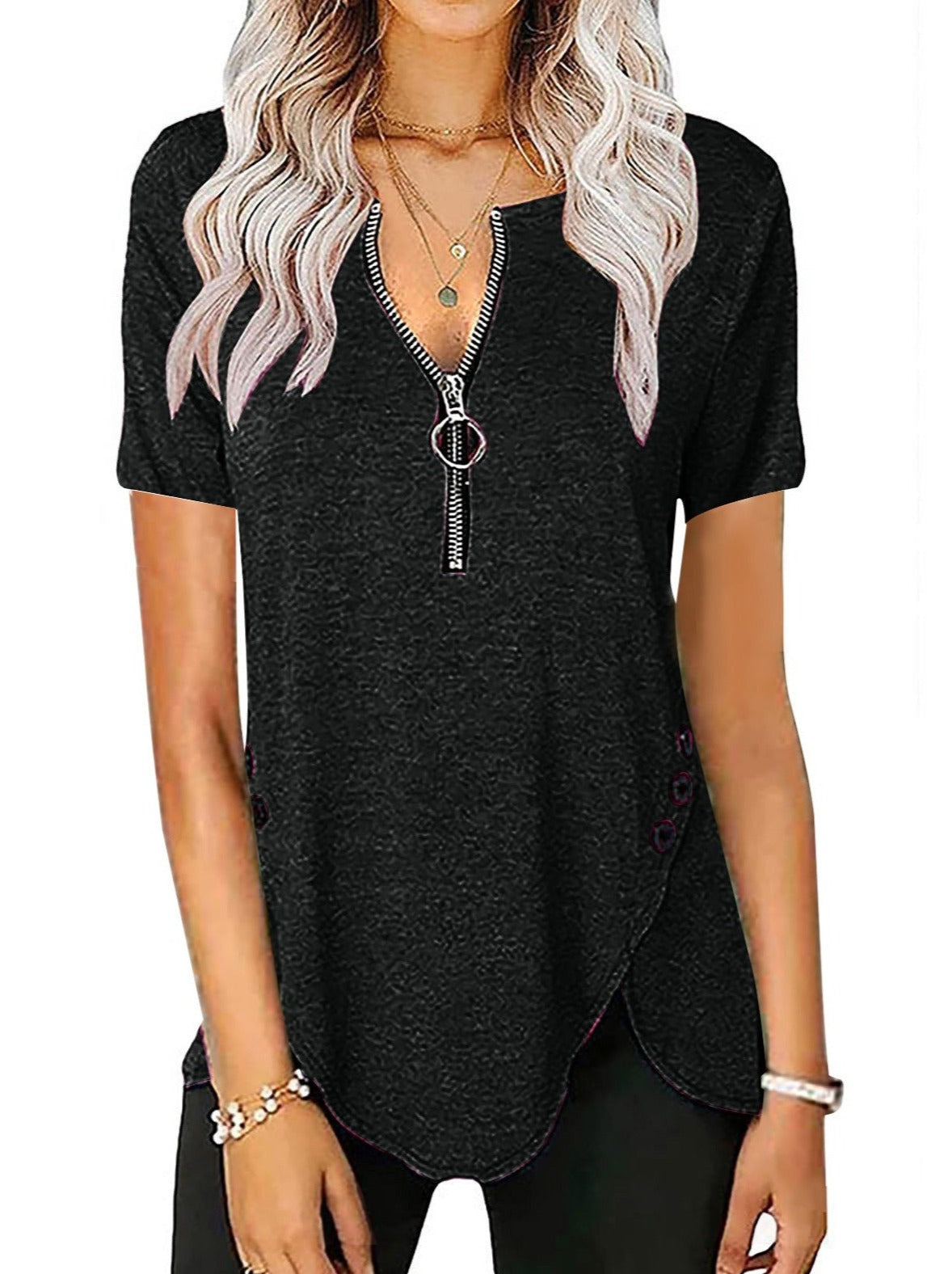 Plus Size Women's Casual Short Sleeve Top V Neck Zip Button T-Shirts