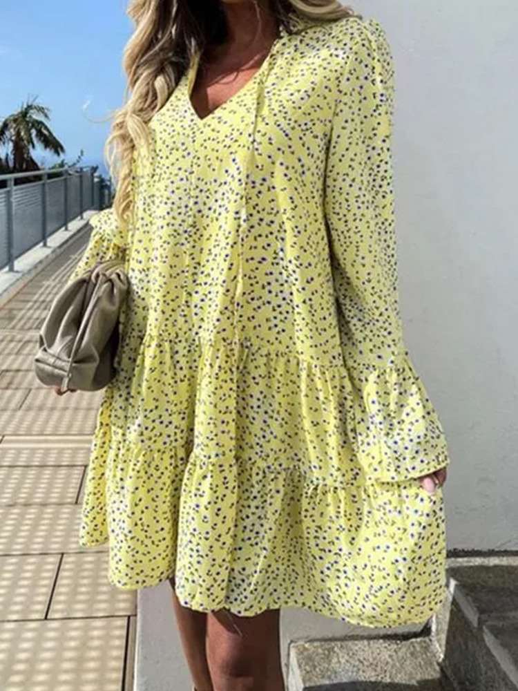 Casual Loose Gored Print V neck Long sleeve Shift Dresses