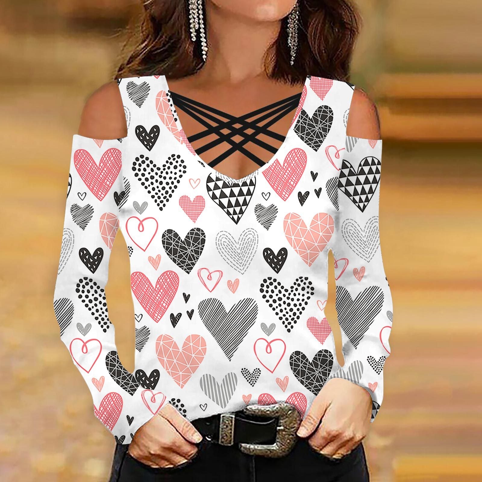 Woman Cross-strap off shoulder long-sleeve Valentine's Day printed T-shirts