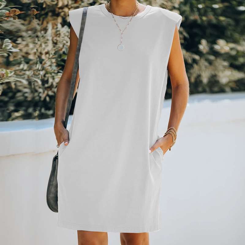 Casual Pure Round neck Sleeveless Pocket Shift Dresses