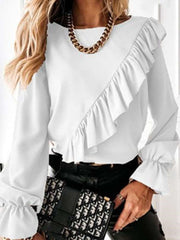 Pure Round neck Long sleeve Falbala Blouses