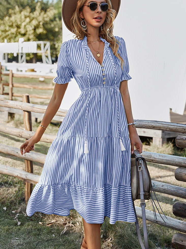 Chic stripe women v neck high waist Skater Dresses