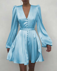 Elegant Fastener V neck Long sleeve Skater Dresses