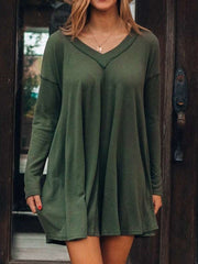 Casual Loose Pure V neck Long sleeve Shift Dresses