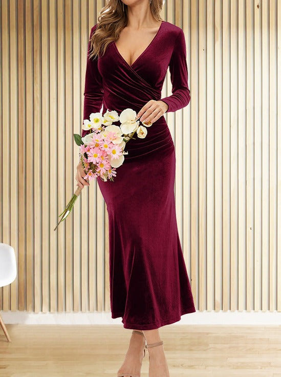 Velvet v-neck sexy hip skirt Slim evening dresses