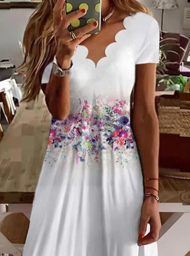 Scallop Neck Floral Vacation Midi Dresses