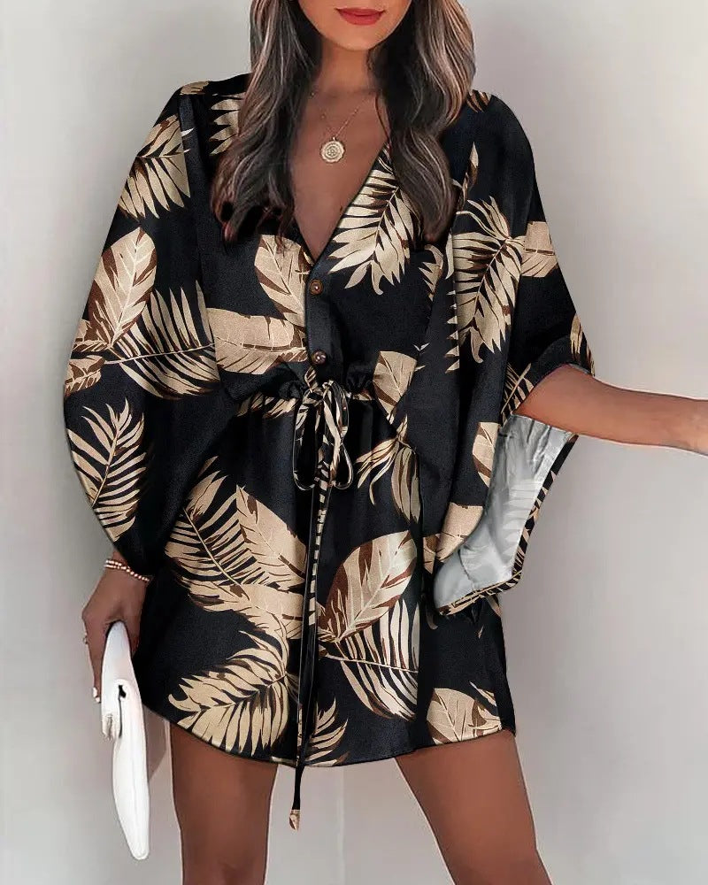 Fashion New Printed Shirt Dress Deep v neck Half Neck Vacation Dresses