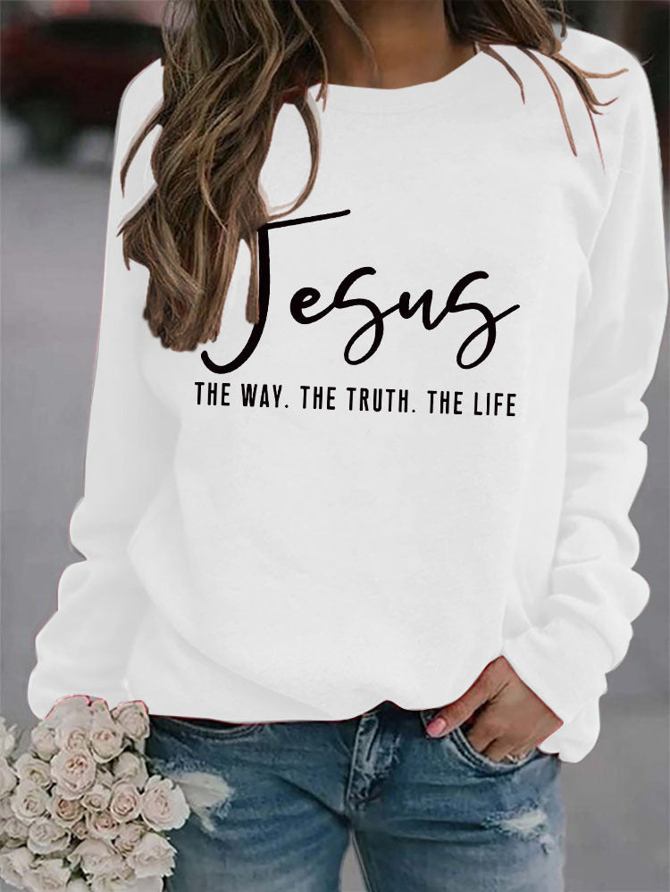 Round Neck Loose Jesus THE WAY Printed Long sleeve Sweatshirts