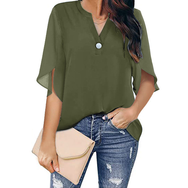 Elegant Short Sleeve Casual Solid Color V-Neck Women T-shirts