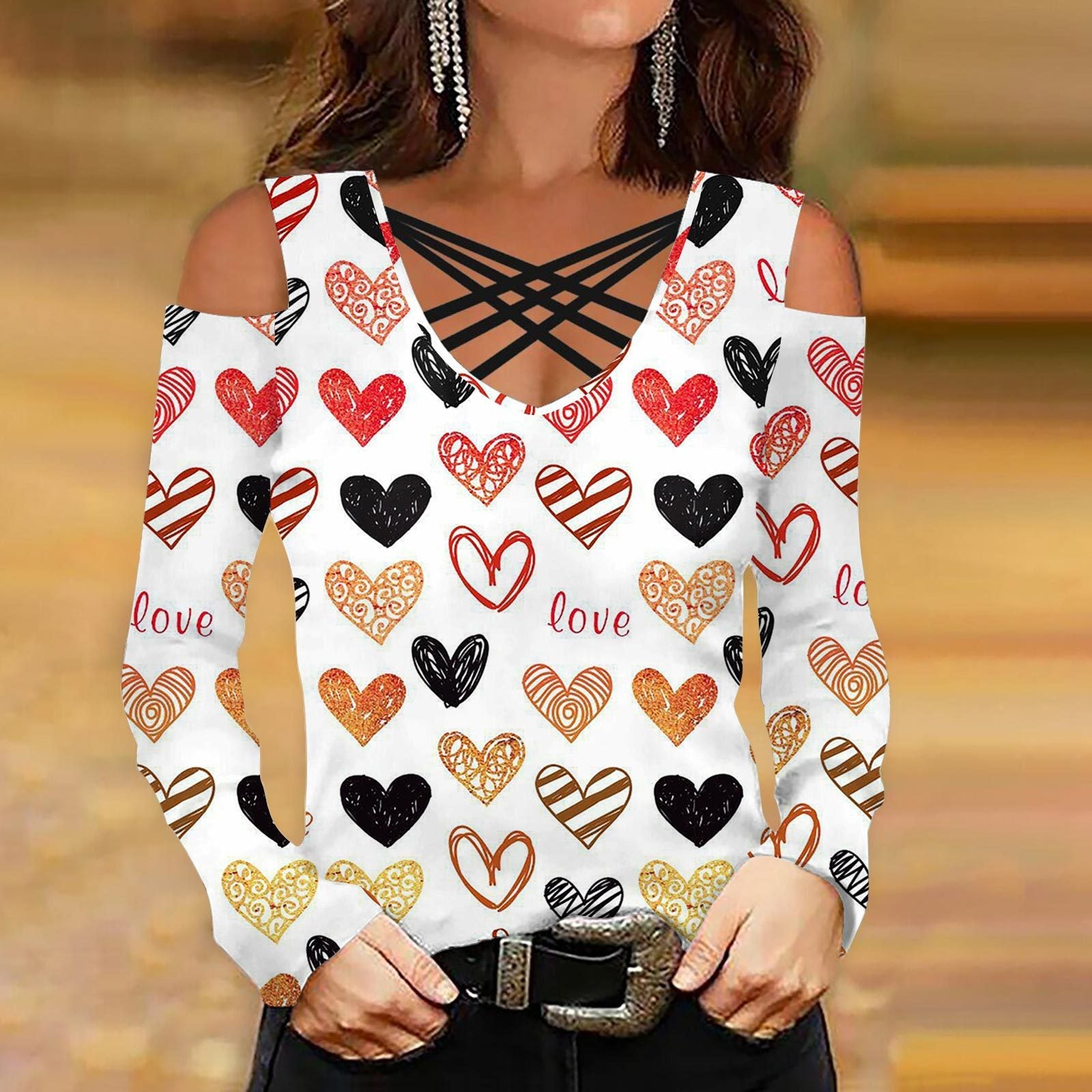 Woman Cross-strap off shoulder long-sleeve Valentine's Day printed T-shirts