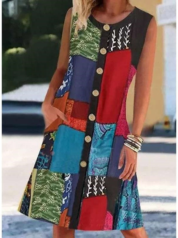 Casual Retro print Fastener Round neck Sleeveless Shift Dresses