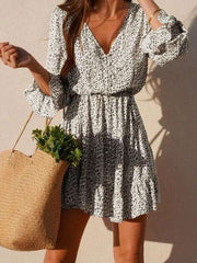 Casual Print V neck Mandarin sleeve Skater Dresses