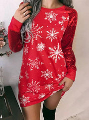 Christmas Sparkling Snowflake Printed Long Sleeve Women's Shift Dress