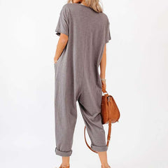 Casual Loose Pure V neck Short sleeve Fastener Jumpsuits