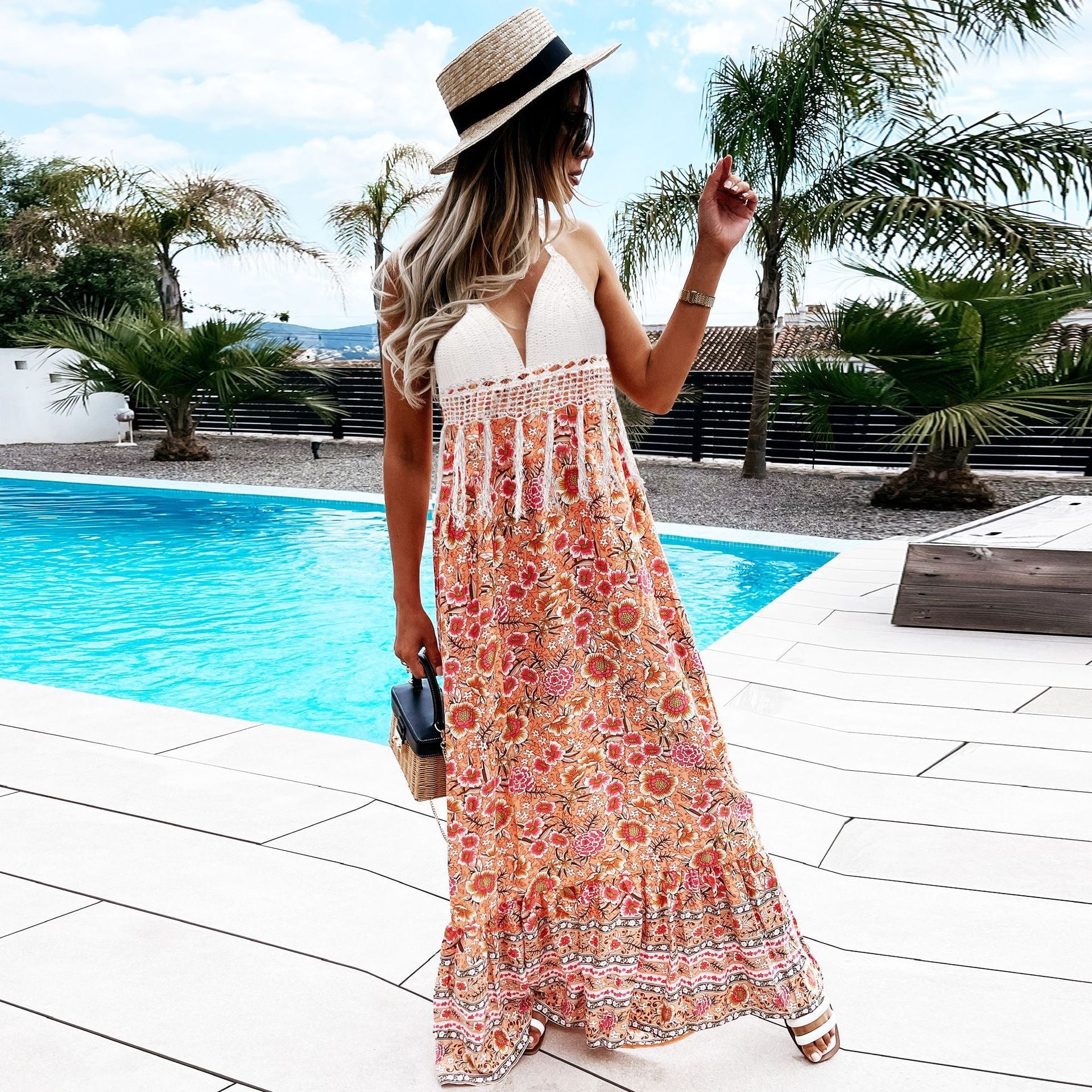 Vacation beach wearing printed halter neck women sleeveless long dresses