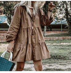 Casual Loose Pure Lapel Long sleeve Fastener Shift Dresses